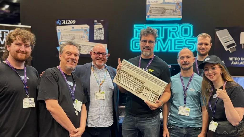 Photo of the Retro Games Ltd team with the now-official TheA1200