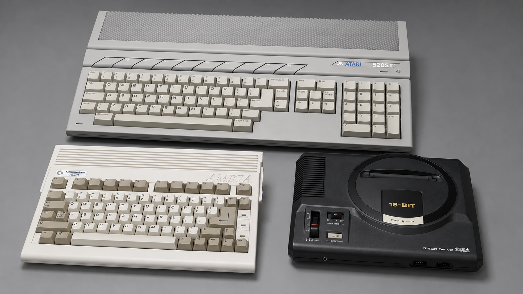 An Atari ST, Amiga 600 and Mega Drive